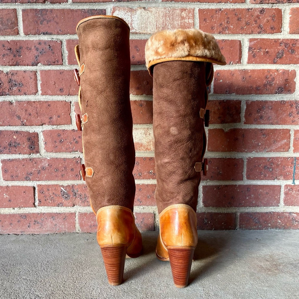 Vintage Brown Suede Cream Sherpa Lined Calf Height Heeled Boots Size 6.5 D - Picture 12 of 16